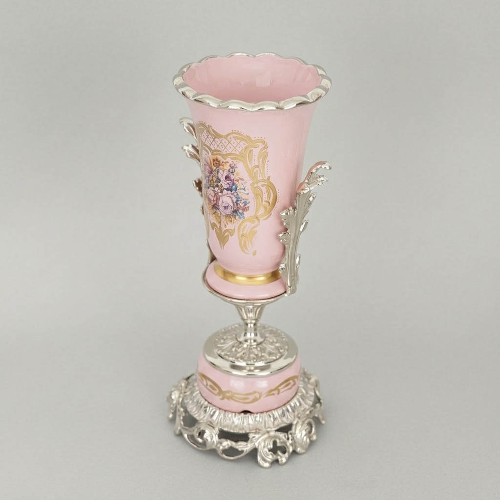 Rococo Trumpet Vase in Blush Pink Ceramic with Hand-Painted Floral Bouquet & Ornate Metal Base — Silver