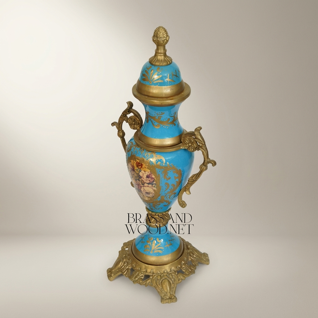 Rococo Turquoise Ceramic Lidded Urn Vase with Hand-Painted Floral Medallion — Antique Gold
