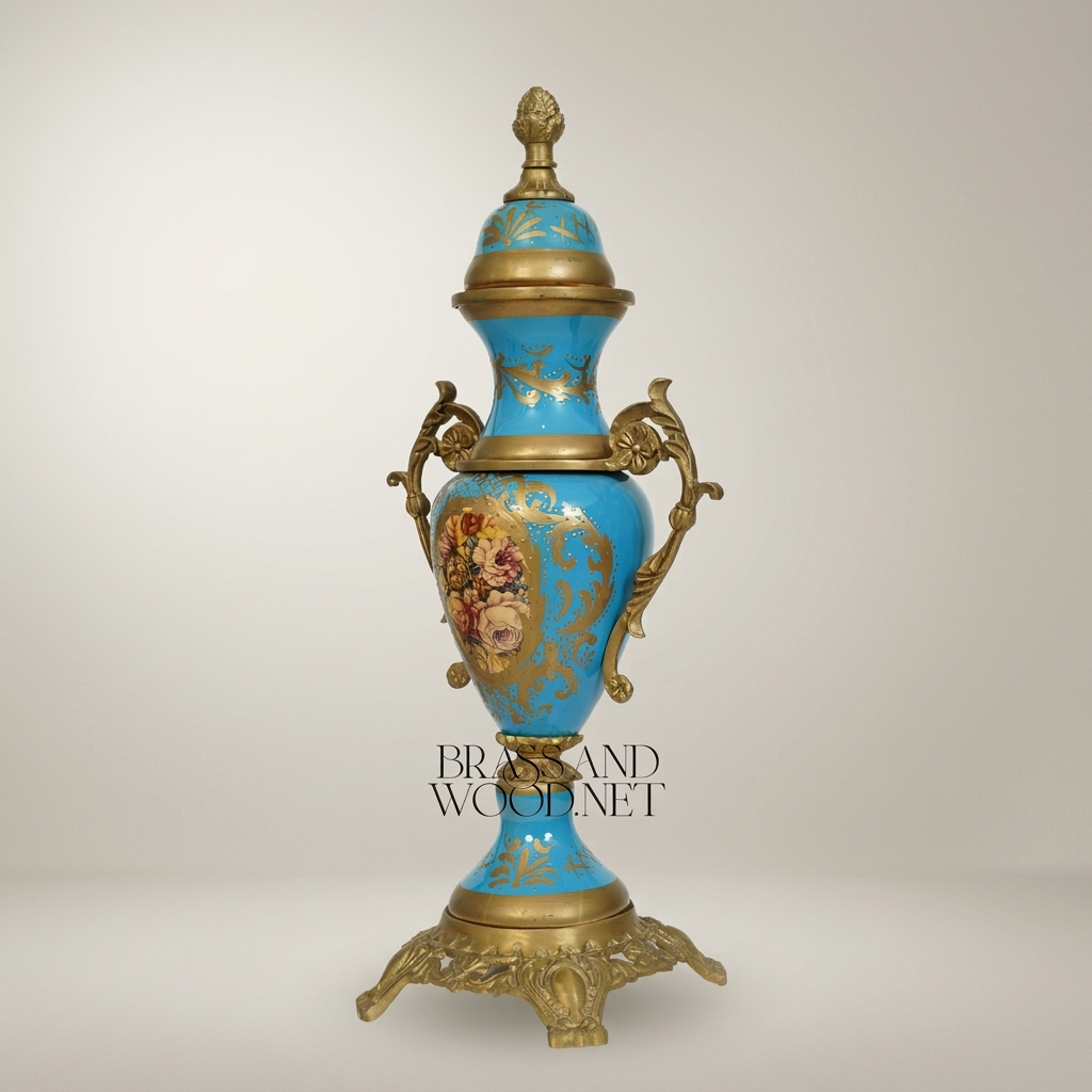 Rococo Turquoise Ceramic Lidded Urn Vase with Hand-Painted Floral Medallion — Antique Gold