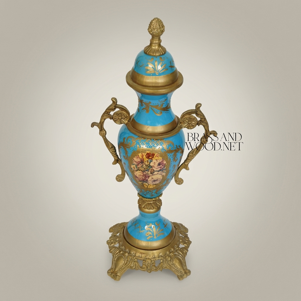 Rococo Turquoise Ceramic Lidded Urn Vase with Hand-Painted Floral Medallion — Antique Gold