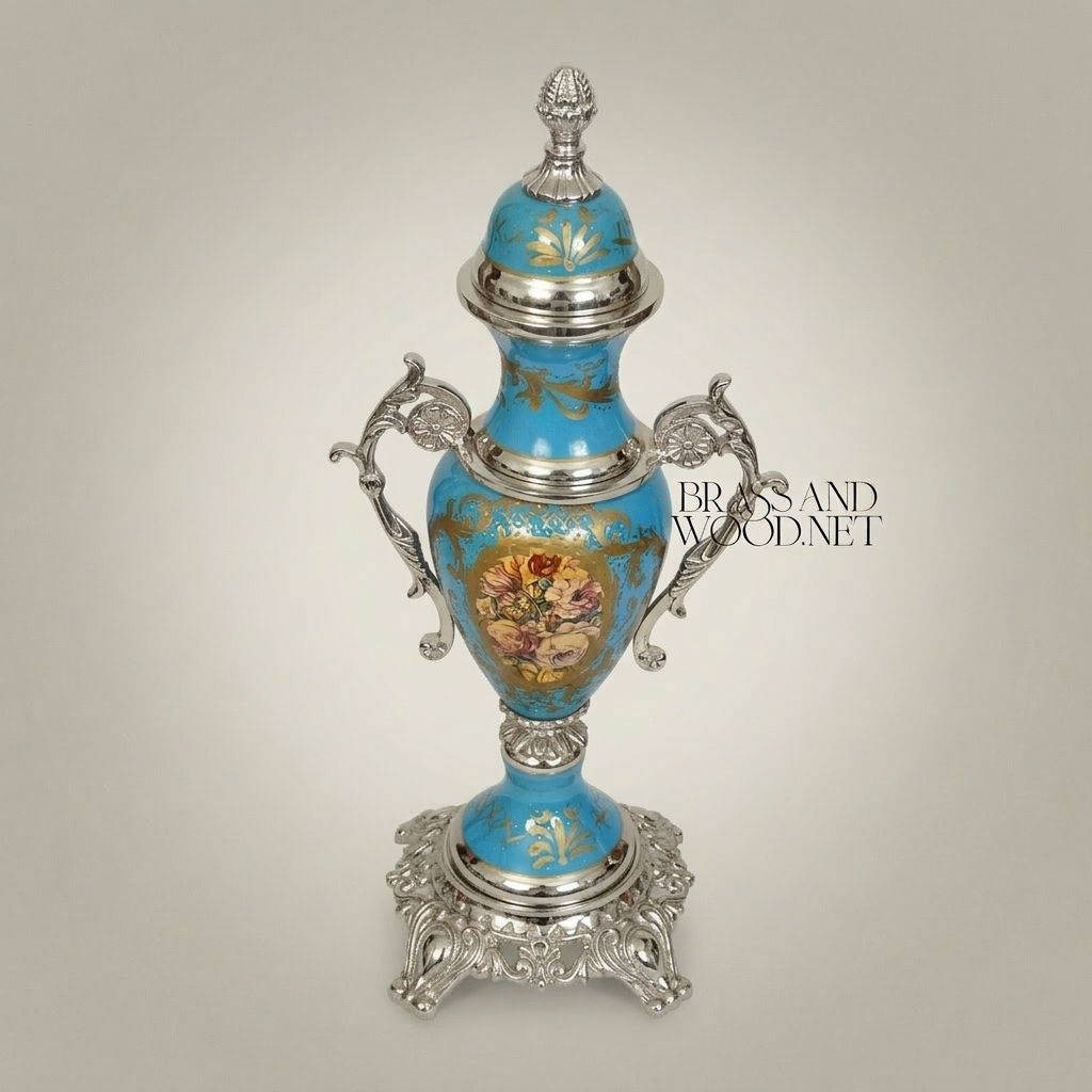 Rococo Turquoise Ceramic Lidded Urn Vase with Hand-Painted Floral Medallion — Silver
