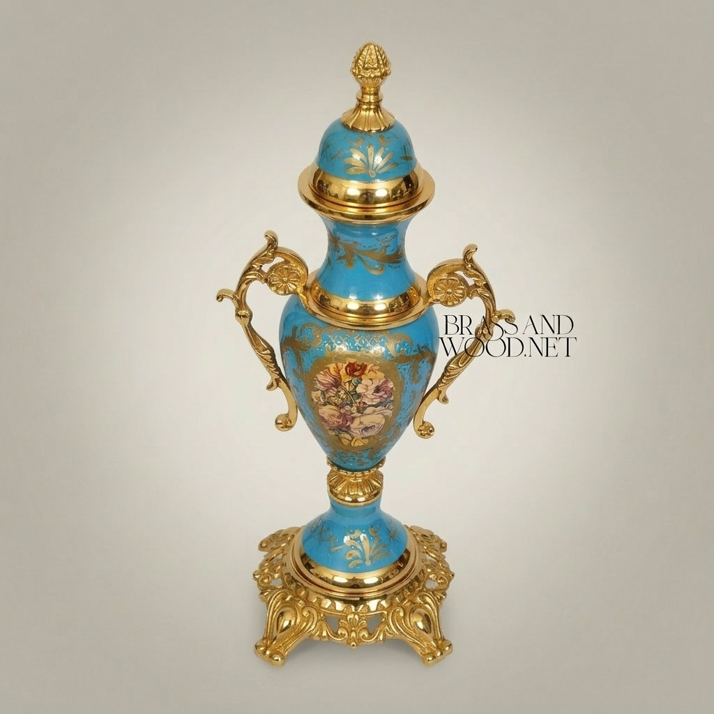 Rococo Turquoise Ceramic Lidded Urn Vase with Hand-Painted Floral Medallion