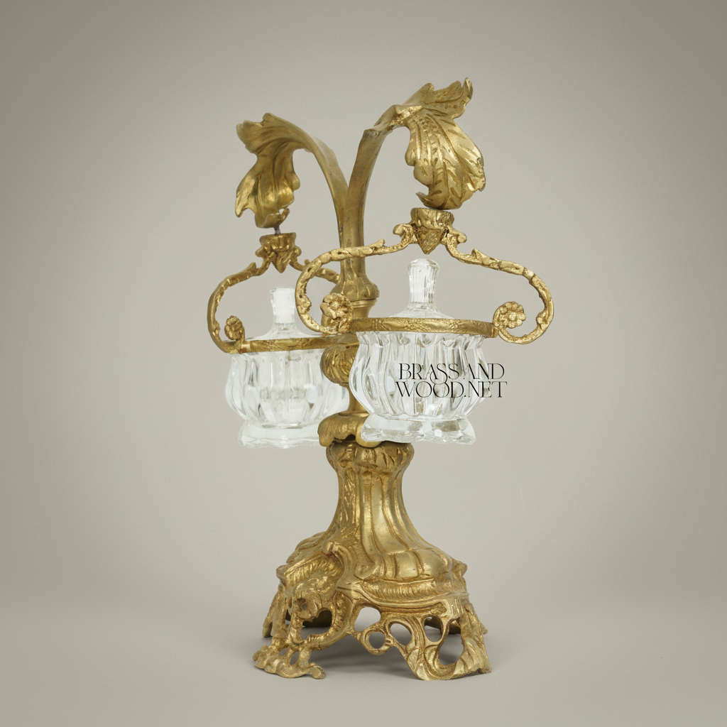Rococo Twin-Arm Brass Bonbonnière Stand with Crystal Bowls