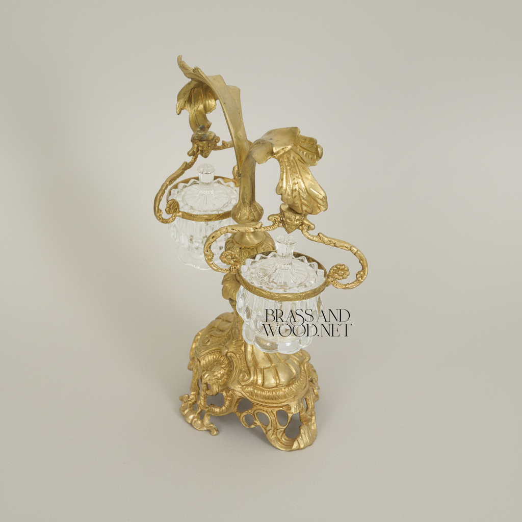 Rococo Twin-Arm Brass Bonbonnière Stand with Crystal Bowls