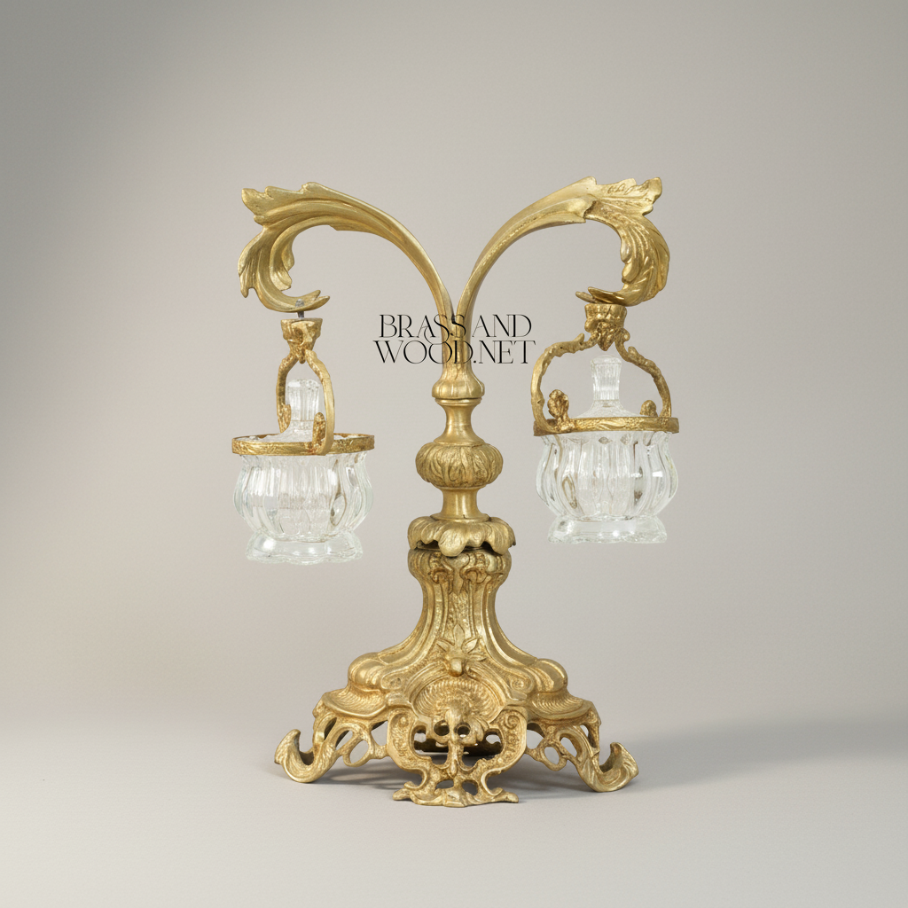 Rococo Twin-Arm Brass Bonbonnière Stand with Crystal Bowls — Antique Gold