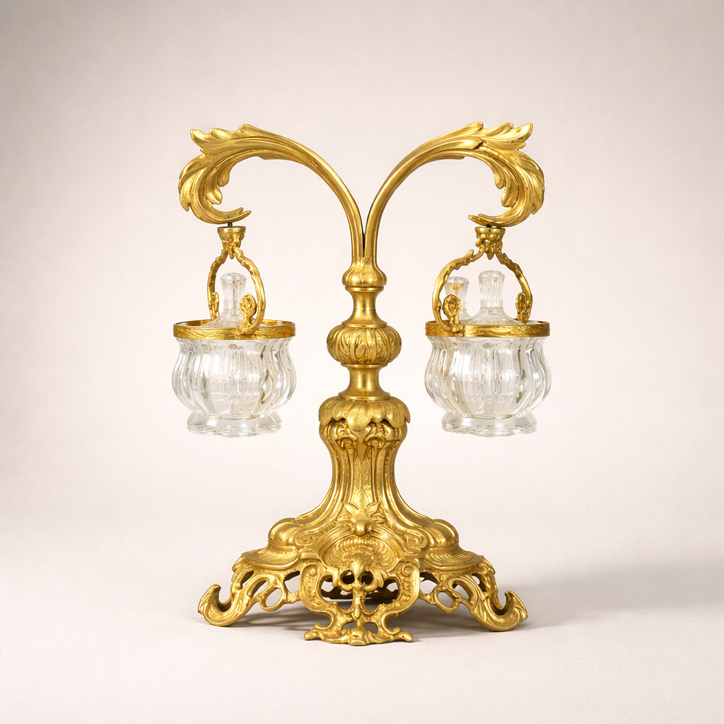 Rococo Twin-Arm Brass Bonbonnière Stand with Crystal Bowls — Gold
