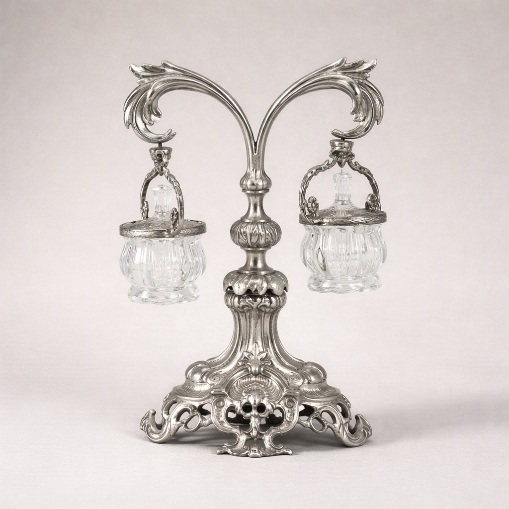 Rococo Twin-Arm Brass Bonbonnière Stand with Crystal Bowls — Silver