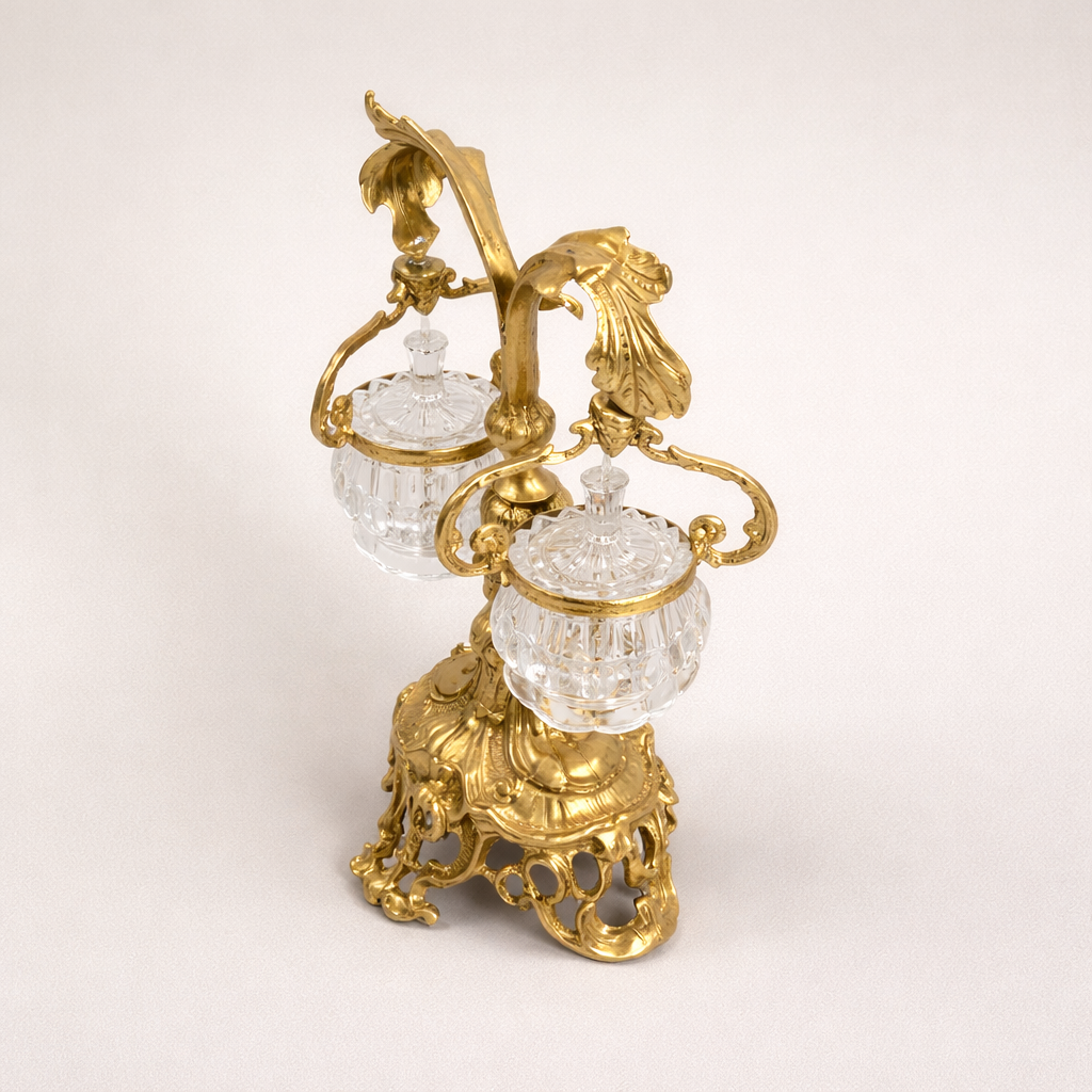Rococo Twin-Arm Brass Bonbonnière Stand with Crystal Bowls — Gold