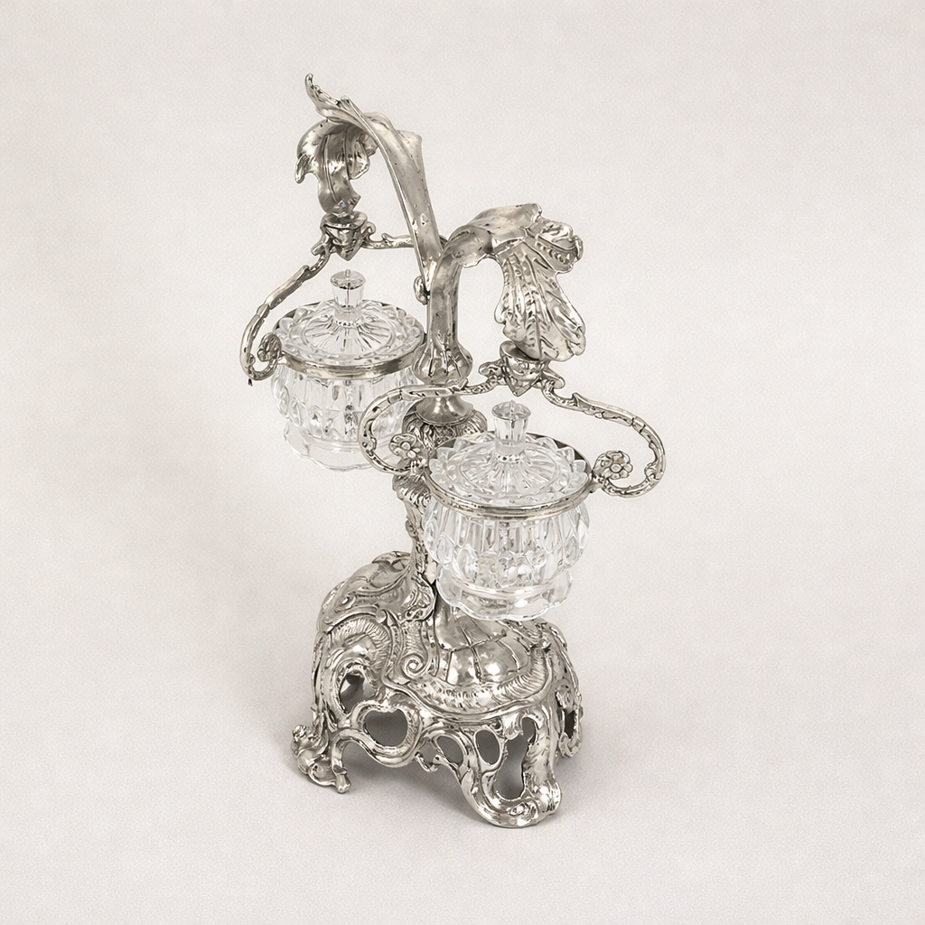 Rococo Twin-Arm Brass Bonbonnière Stand with Crystal Bowls — Silver