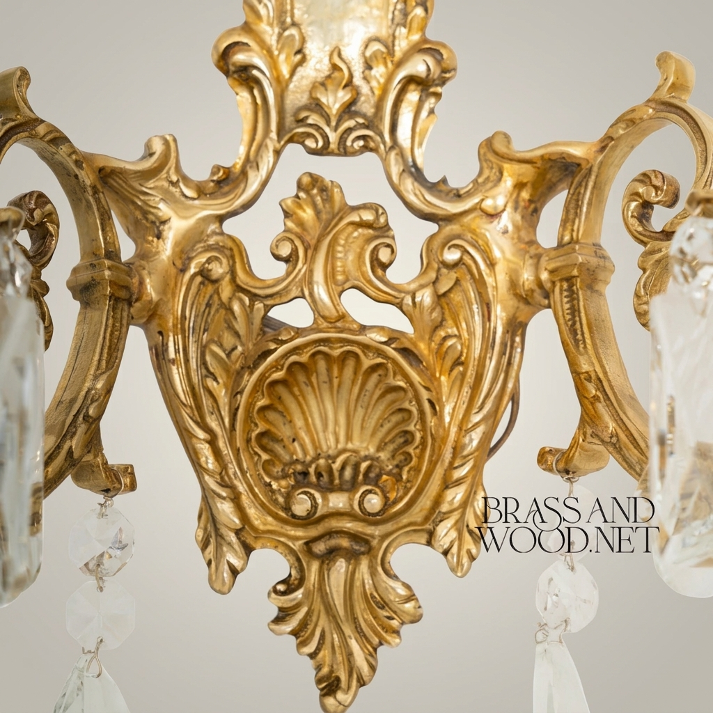 Rococo Twin-Arm Brass Wall Sconce with Crystal Drops & Etched Glass Shades — Antique Gold