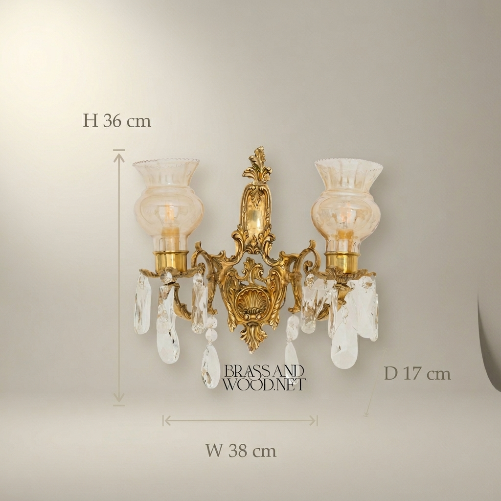 Rococo Twin-Arm Brass Wall Sconce with Crystal Drops & Etched Glass Shades — Antique Gold