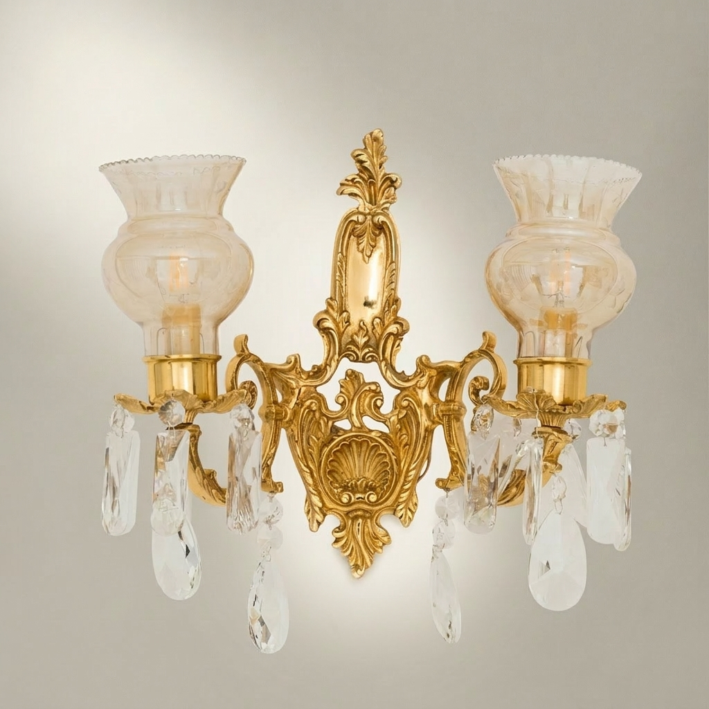 Rococo Twin-Arm Brass Wall Sconce with Crystal Drops & Etched Glass Shades