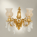 Rococo Twin-Arm Brass Wall Sconce with Crystal Drops & Etched Glass Shades — Gold