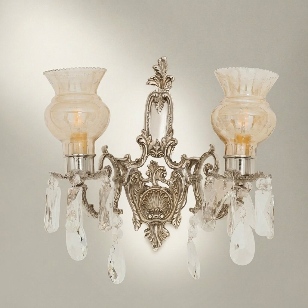 Rococo Twin-Arm Brass Wall Sconce with Crystal Drops & Etched Glass Shades — Silver