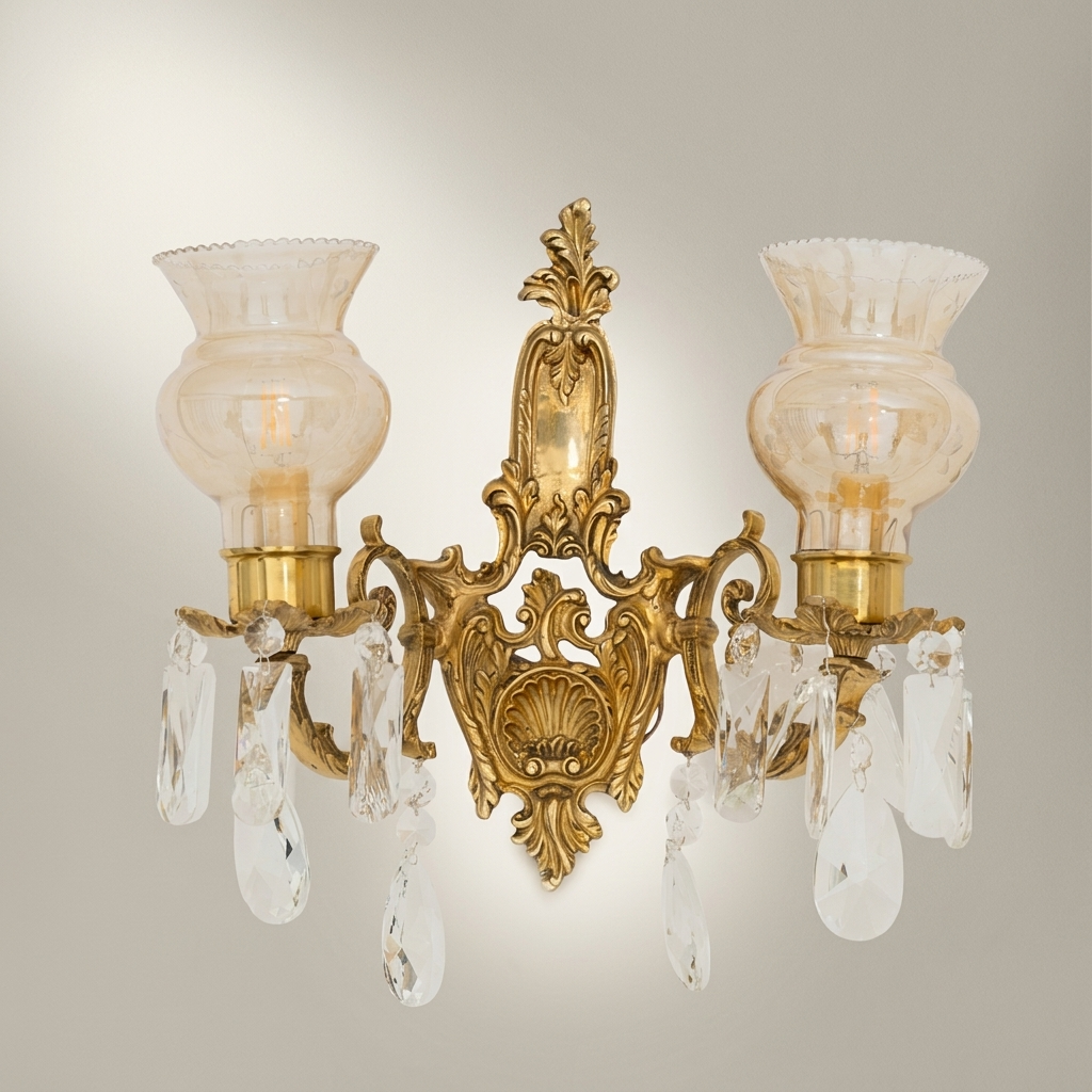 Rococo Twin-Arm Brass Wall Sconce with Crystal Drops & Etched Glass Shades — Antique Gold
