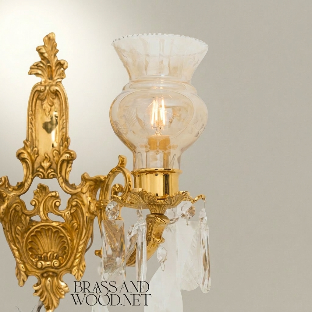 Rococo Twin-Arm Brass Wall Sconce with Crystal Drops & Etched Glass Shades