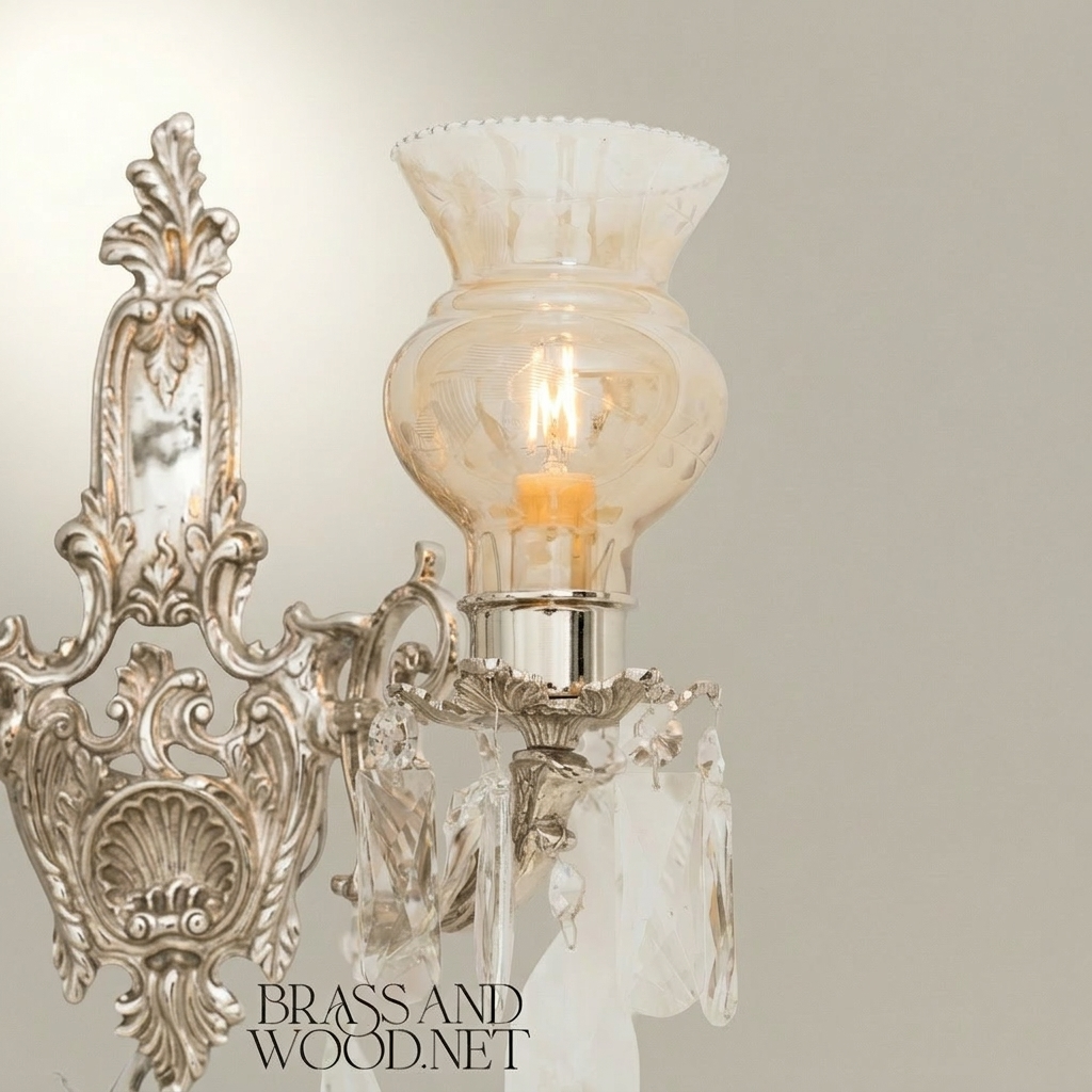 Rococo Twin-Arm Brass Wall Sconce with Crystal Drops & Etched Glass Shades — Silver
