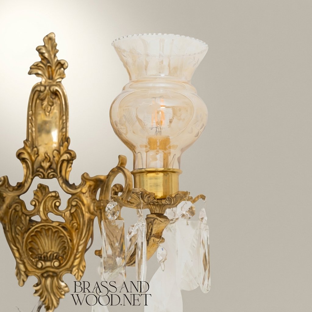 Rococo Twin-Arm Brass Wall Sconce with Crystal Drops & Etched Glass Shades — Antique Gold