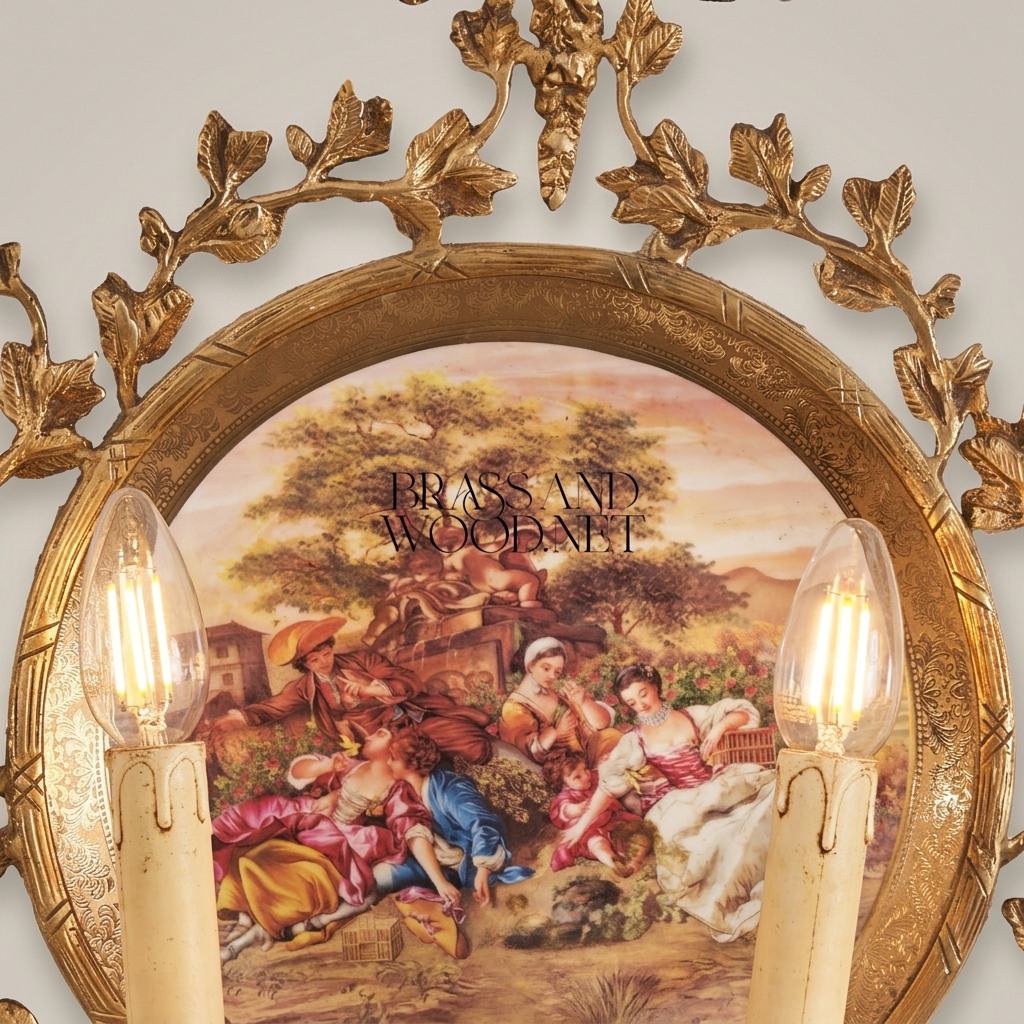 Rococo Twin-Arm Brass Wall Sconce with Hand-Painted Porcelain Medallion