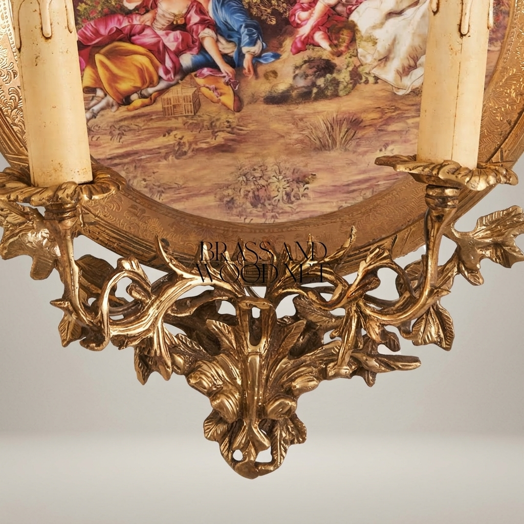 Rococo Twin-Arm Brass Wall Sconce with Hand-Painted Porcelain Medallion