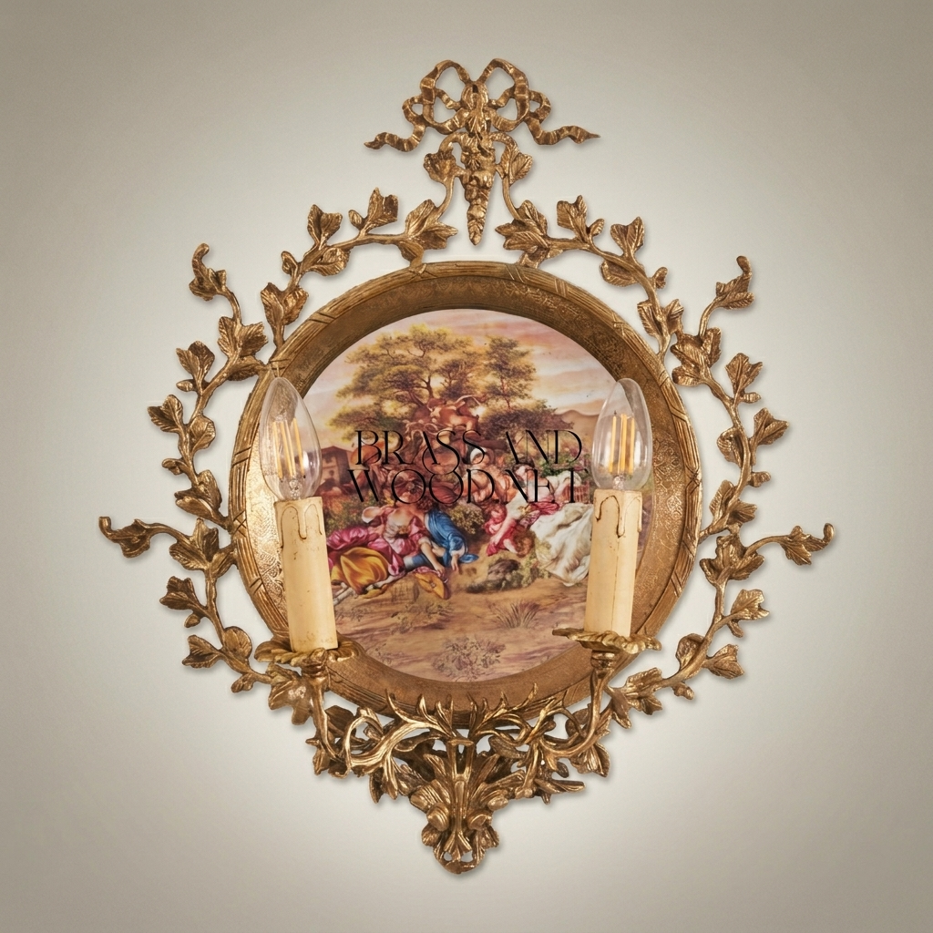 Rococo Twin-Arm Brass Wall Sconce with Hand-Painted Porcelain Medallion