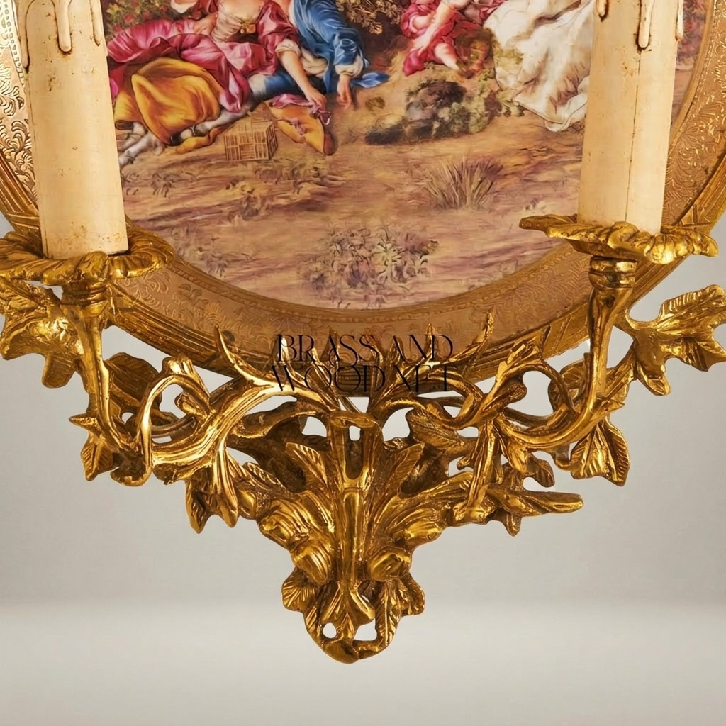 Rococo Twin-Arm Brass Wall Sconce with Hand-Painted Porcelain Medallion — Gold