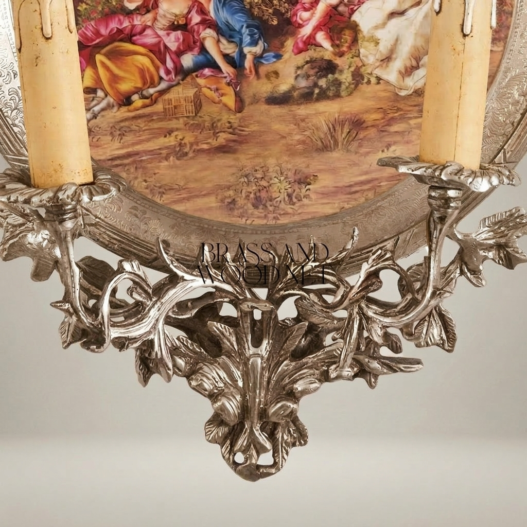 Rococo Twin-Arm Brass Wall Sconce with Hand-Painted Porcelain Medallion — Silver