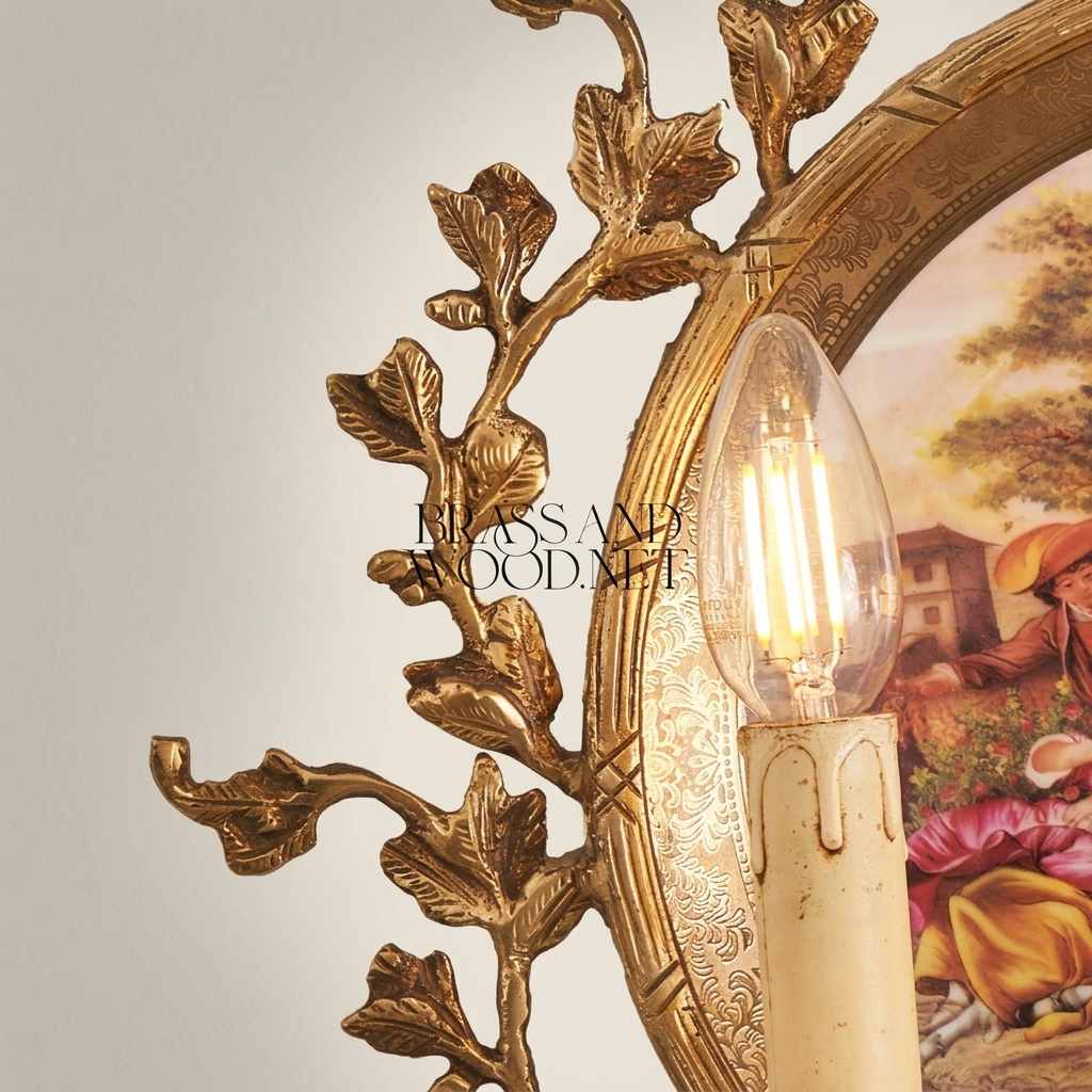 Rococo Twin-Arm Brass Wall Sconce with Hand-Painted Porcelain Medallion