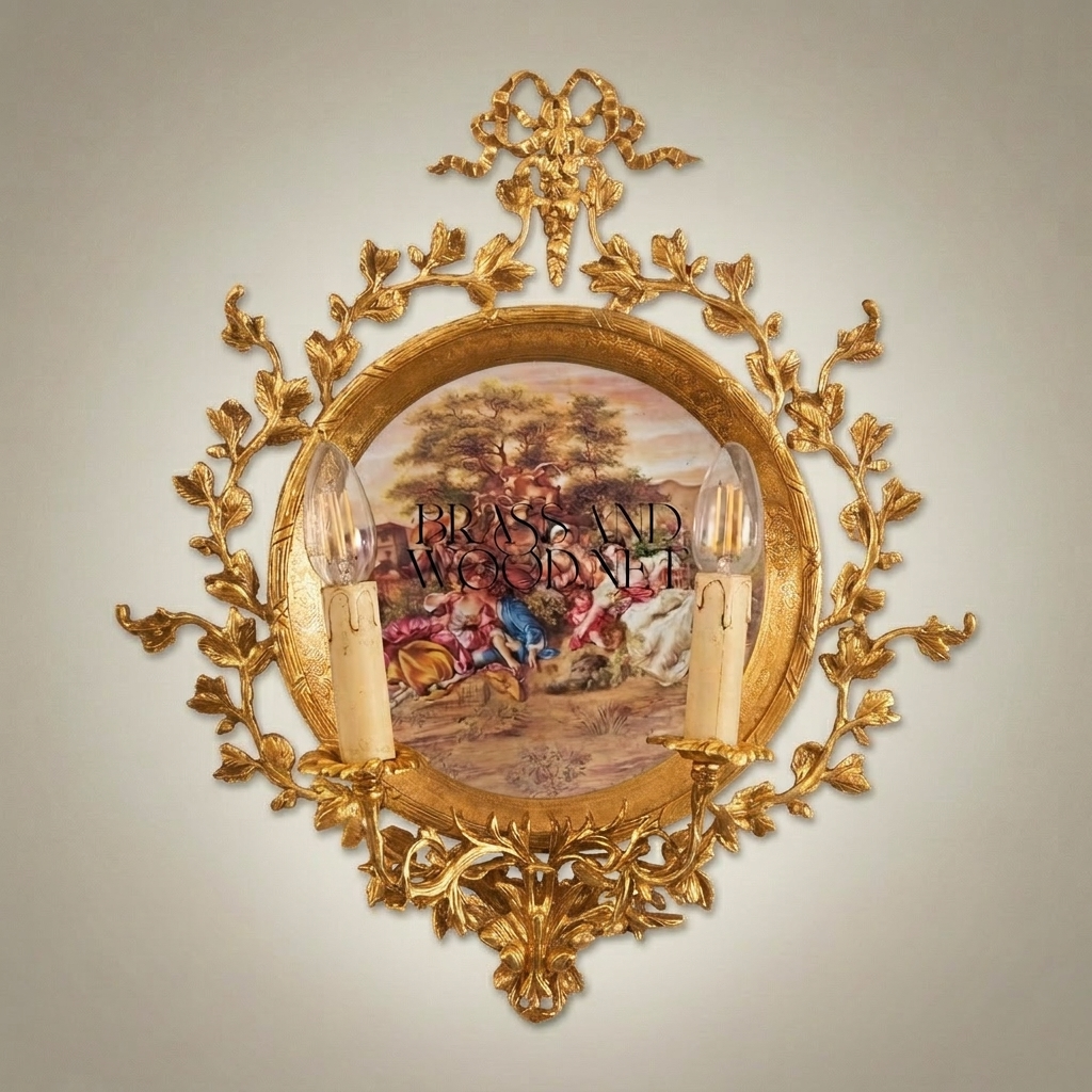 Rococo Twin-Arm Brass Wall Sconce with Hand-Painted Porcelain Medallion — Gold