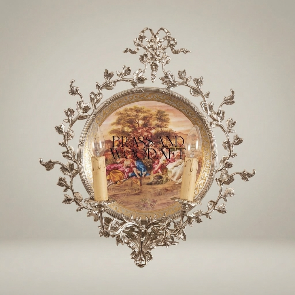 Rococo Twin-Arm Brass Wall Sconce with Hand-Painted Porcelain Medallion — Silver