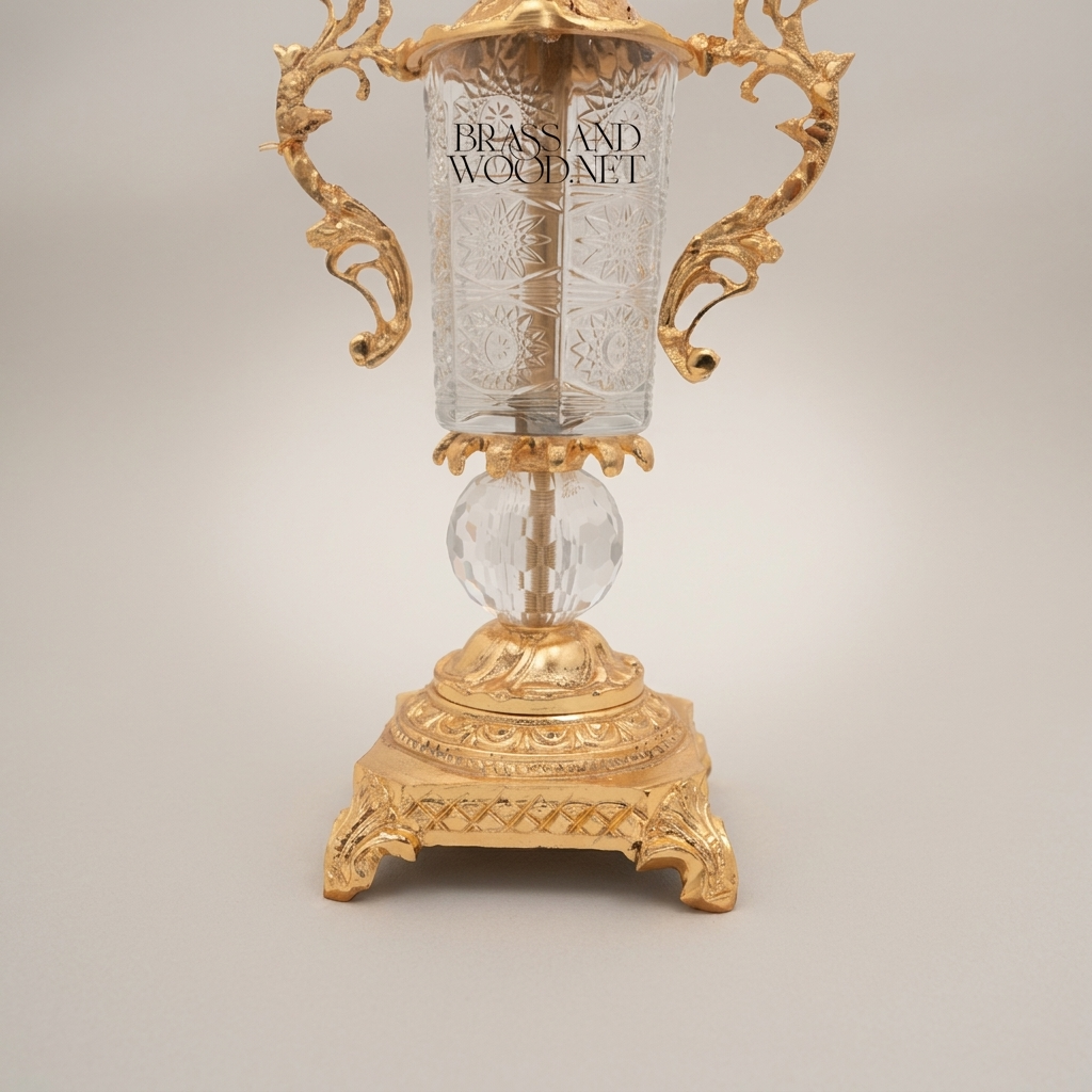 Rococo Two-Arm Candelabra with Etched Crystal Column and Scrollwork Brass Frame
