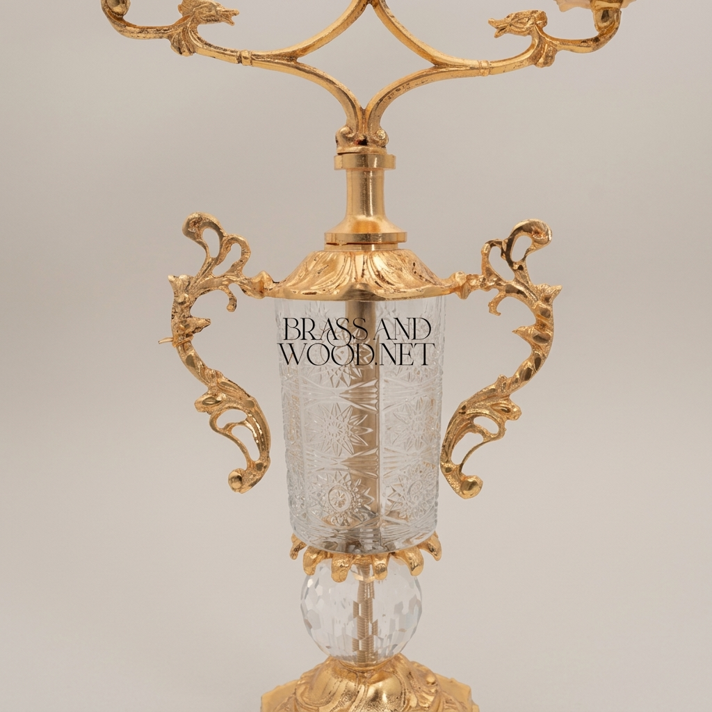 Rococo Two-Arm Candelabra with Etched Crystal Column and Scrollwork Brass Frame — Gold