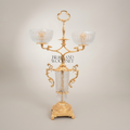 Rococo Two-Arm Candelabra with Etched Crystal Column and Scrollwork Brass Frame — Gold