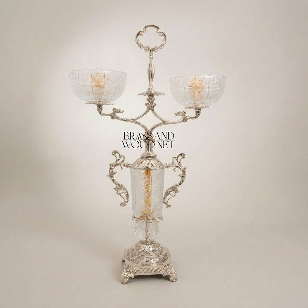 Rococo Two-Arm Candelabra with Etched Crystal Column and Scrollwork Brass Frame — Silver