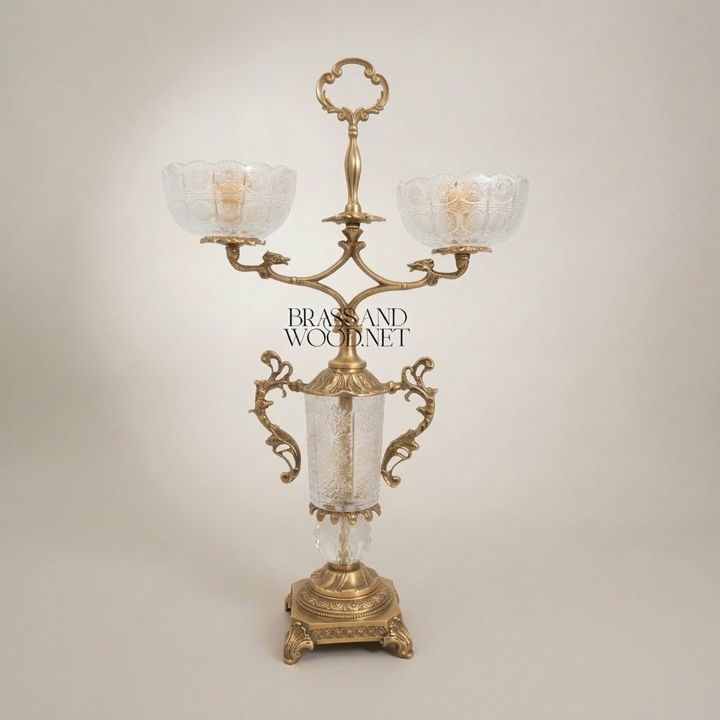 Rococo Two-Arm Candelabra with Etched Crystal Column and Scrollwork Brass Frame — Antique Gold