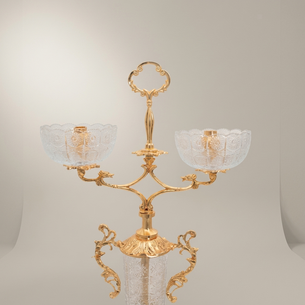 Rococo Two-Arm Candelabra with Etched Crystal Column and Scrollwork Brass Frame — Gold