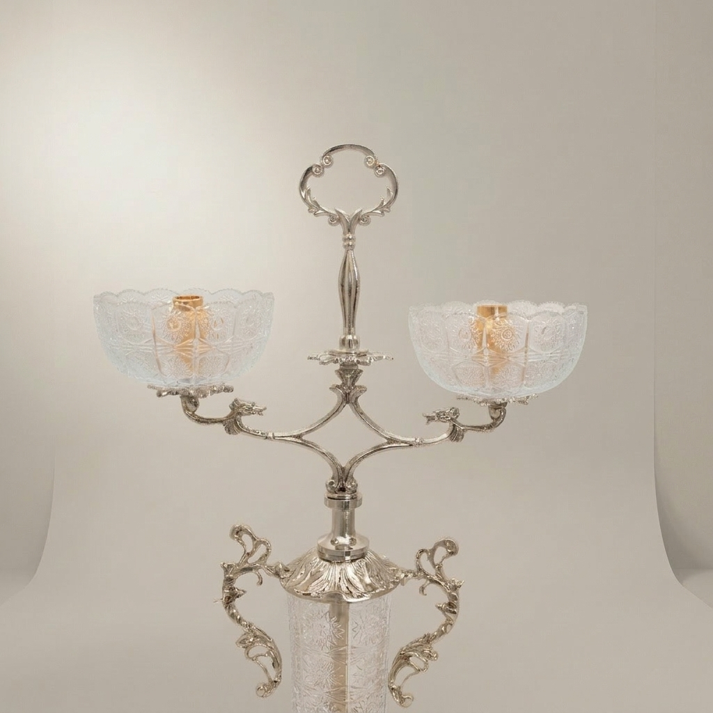Rococo Two-Arm Candelabra with Etched Crystal Column and Scrollwork Brass Frame — Silver