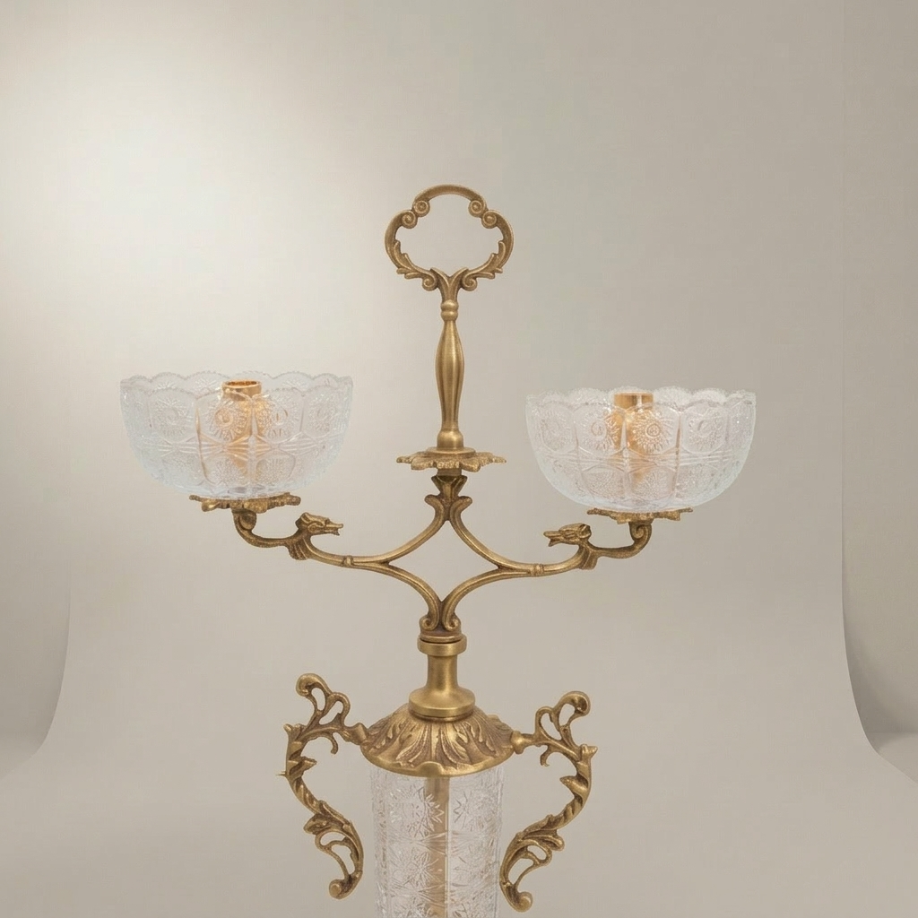 Rococo Two-Arm Candelabra with Etched Crystal Column and Scrollwork Brass Frame — Antique Gold
