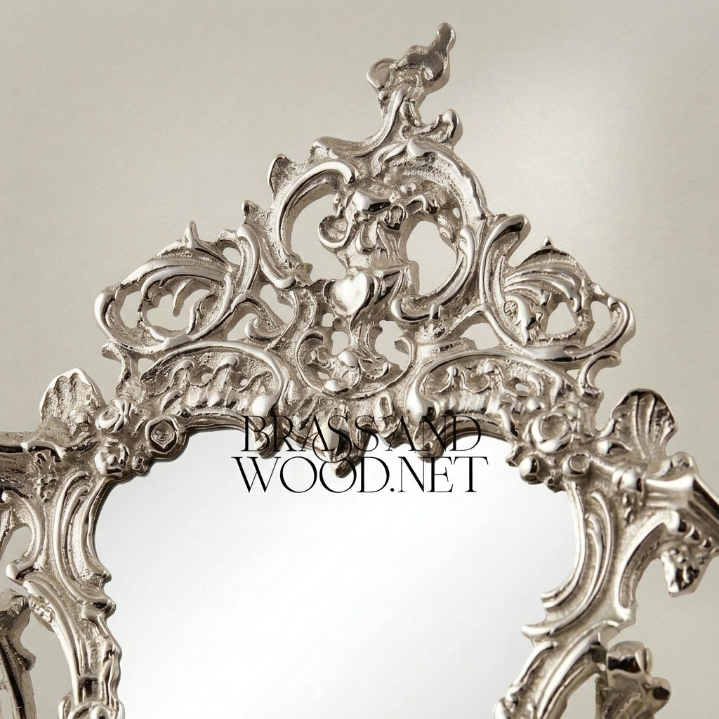 Rococo Wall Mirror with Console Shelf — Heavily Carved Scrollwork Crown & Shell Basin — Silver