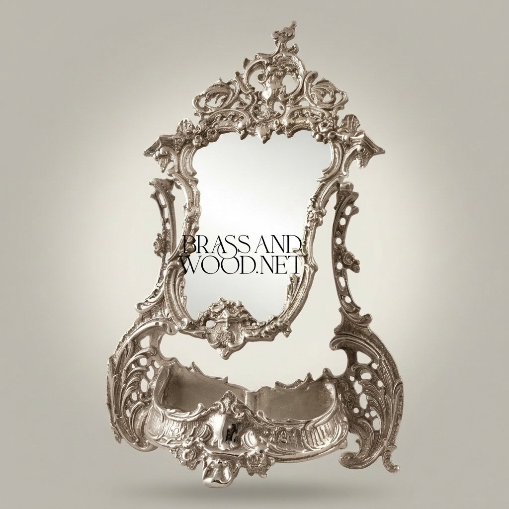 Rococo Wall Mirror with Console Shelf — Heavily Carved Scrollwork Crown & Shell Basin — Silver