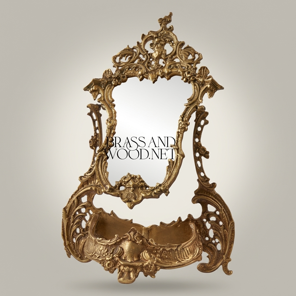 Rococo Wall Mirror with Console Shelf — Heavily Carved Scrollwork Crown & Shell Basin — Antique Gold
