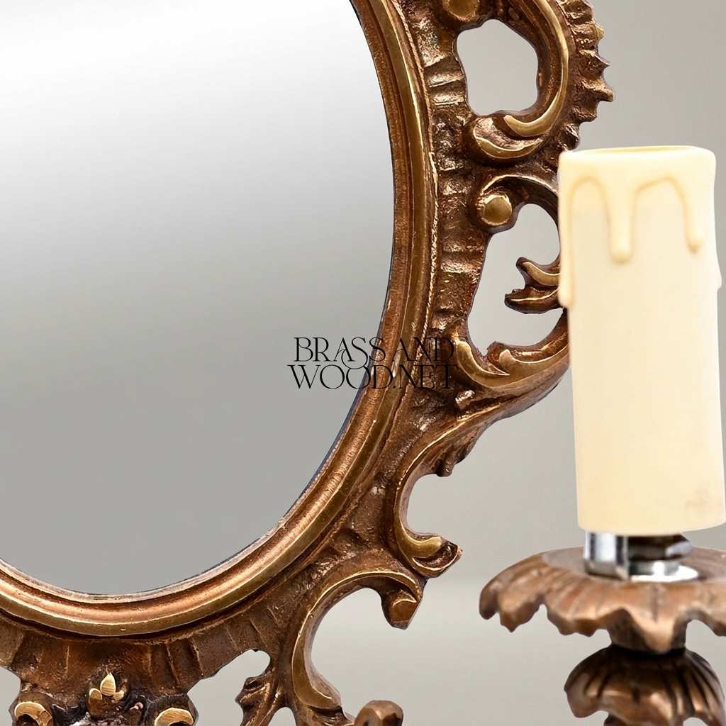 Rococo Wall Sconce with Oval Mirror & Twin Candle Arms — Ornate Acanthus Crest — Antique Gold
