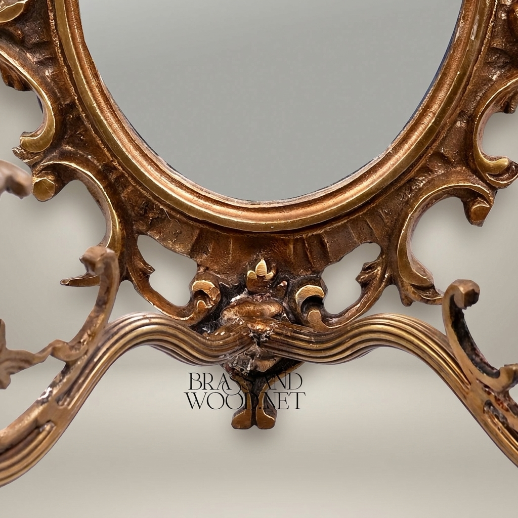 Rococo Wall Sconce with Oval Mirror & Twin Candle Arms — Ornate Acanthus Crest — Antique Gold