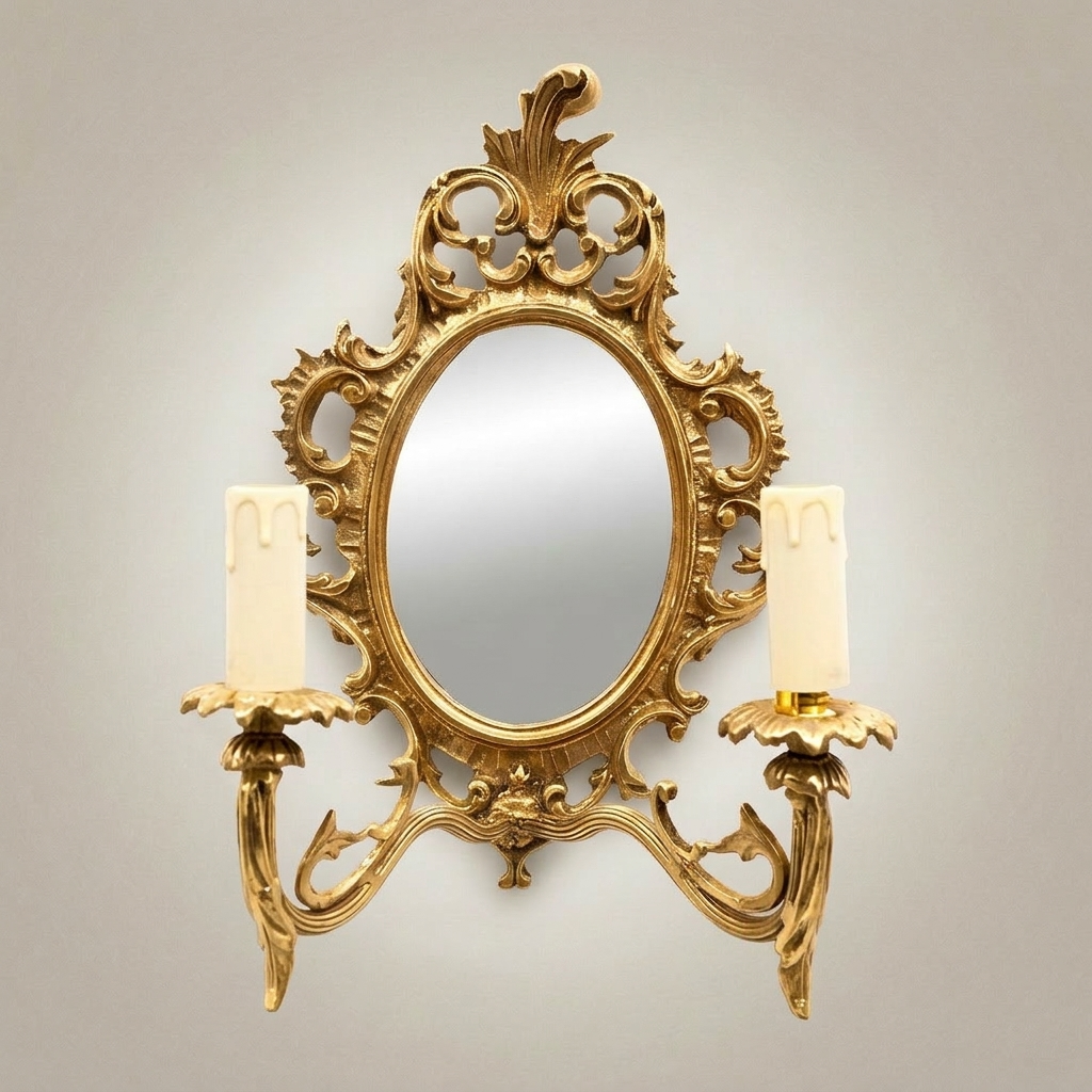 Rococo Wall Sconce with Oval Mirror & Twin Candle Arms — Ornate Acanthus Crest