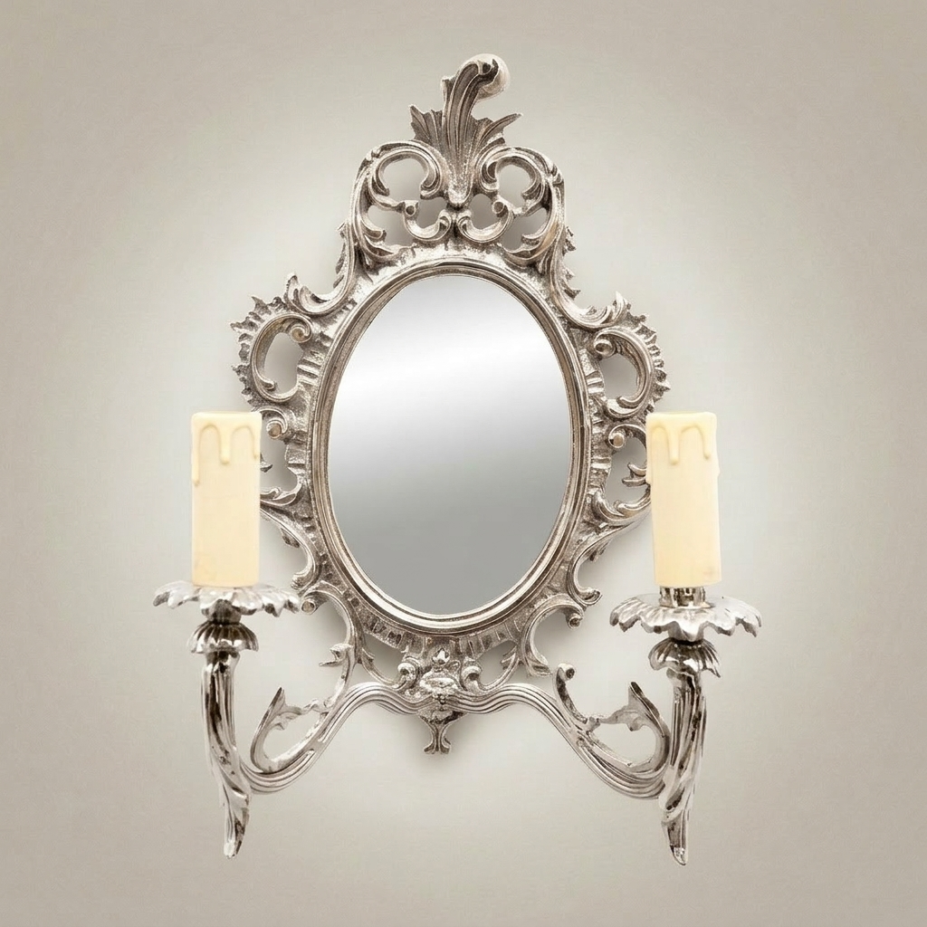 Rococo Wall Sconce with Oval Mirror & Twin Candle Arms — Ornate Acanthus Crest — Silver