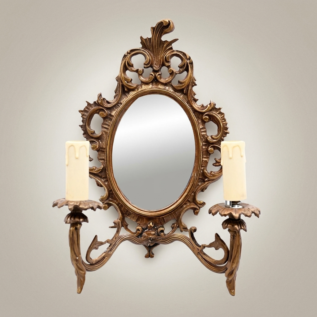 Rococo Wall Sconce with Oval Mirror & Twin Candle Arms — Ornate Acanthus Crest — Antique Gold