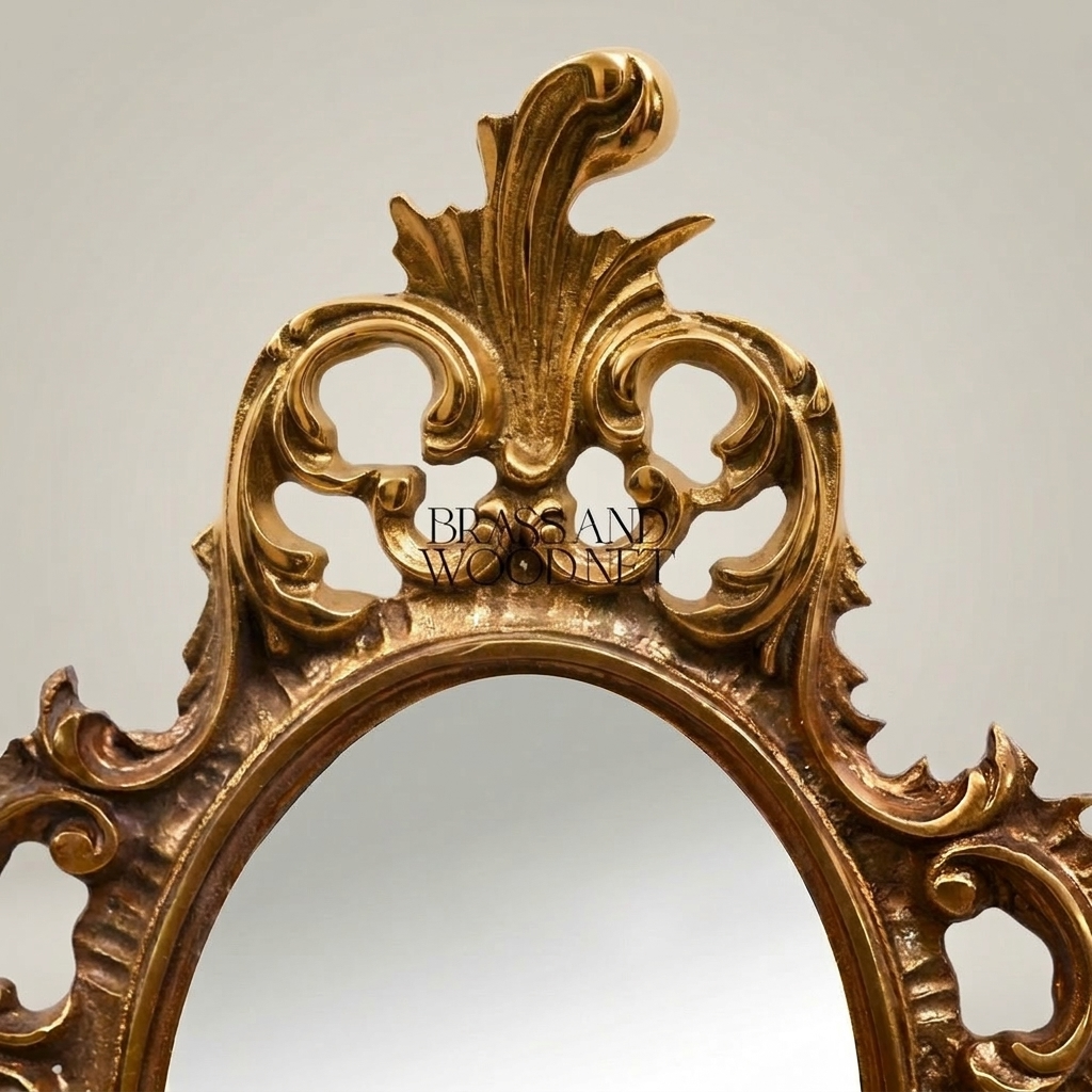 Rococo Wall Sconce with Oval Mirror & Twin Candle Arms — Ornate Acanthus Crest — Gold