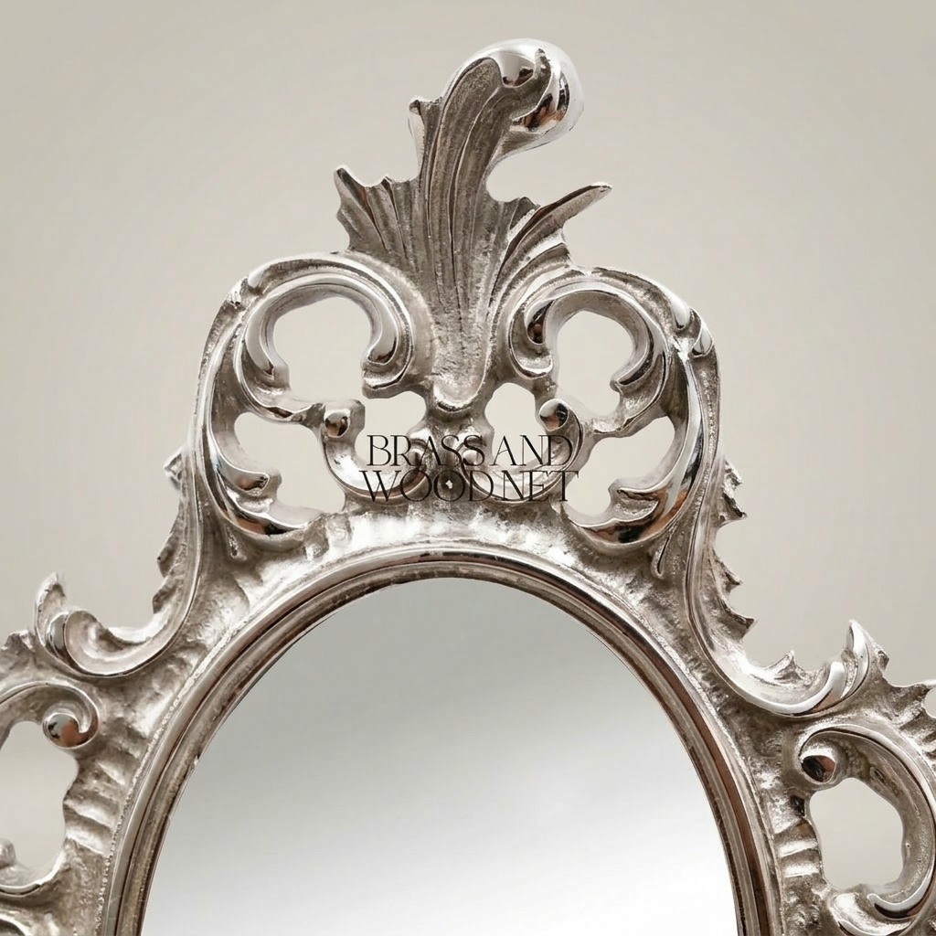 Rococo Wall Sconce with Oval Mirror & Twin Candle Arms — Ornate Acanthus Crest — Silver