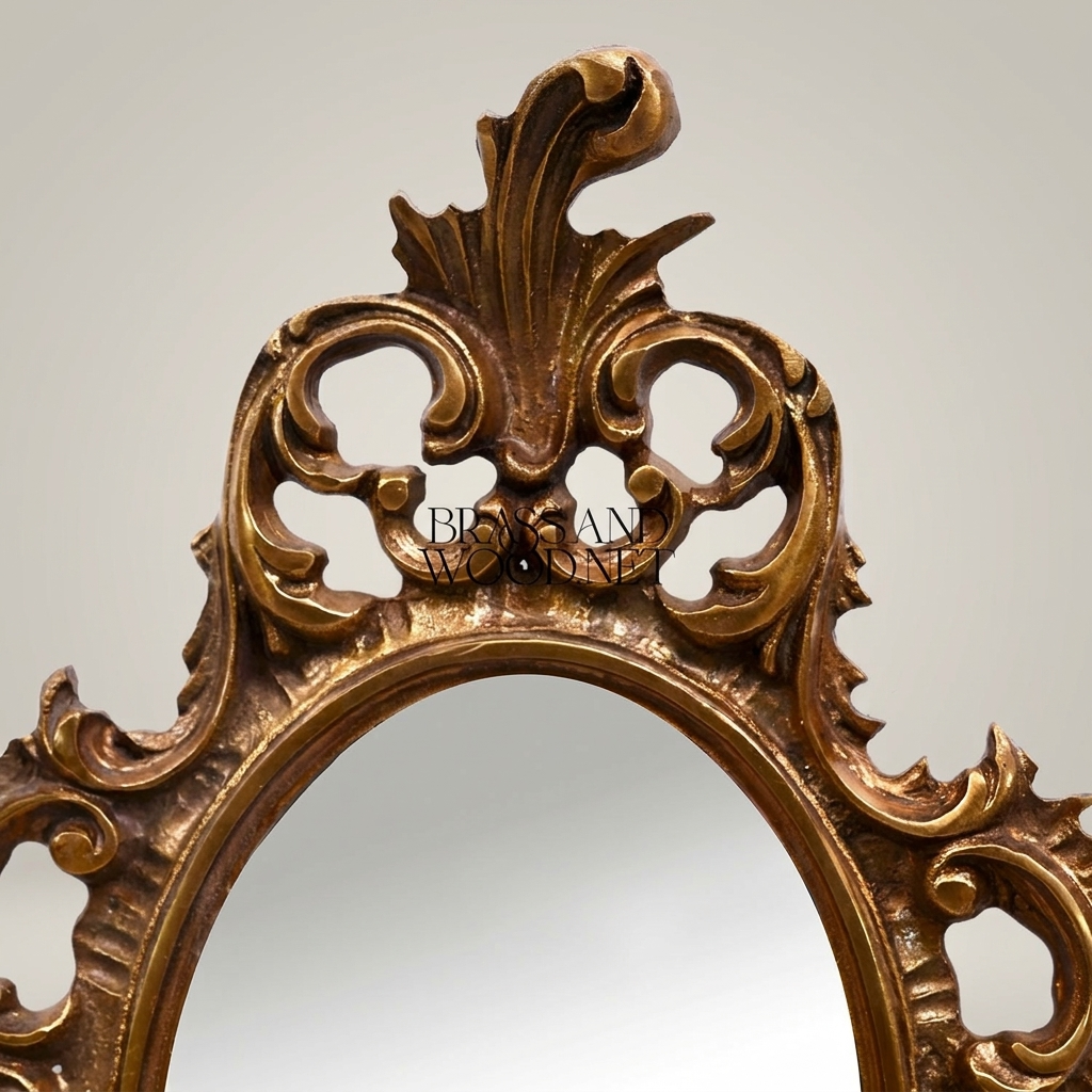 Rococo Wall Sconce with Oval Mirror & Twin Candle Arms — Ornate Acanthus Crest — Antique Gold