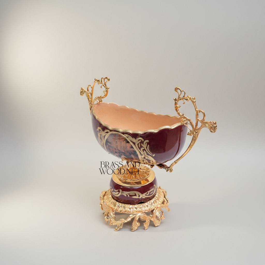Rococo Hand-Painted Wine Ceramic Vase with Gilt Brass Acanthus Mounts & Scenic Cartouche